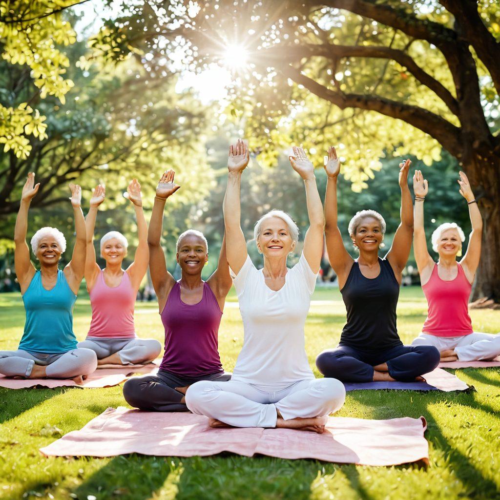 An uplifting scene featuring a diverse group of cancer survivors celebrating in a serene park, surrounded by vibrant flowers and sunlight filtering through trees. Each person displays a unique symbol of their journey, such as a butterfly or a ribbon, while engaging in activities like yoga or meditation. In the background, there's a banner that reads 'Hope and Resilience'. soft focus. vibrant colors. natural light.