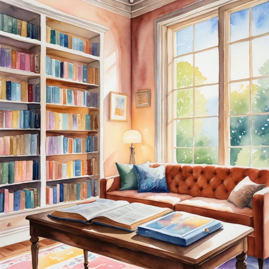 A serene library filled with books depicting various educational themes about cancer wellness, with a glowing brain symbolizing knowledge and understanding, a quiet corner where a diverse group of individuals passionately discusses cancer advocacy, and soft sunlight streaming through large windows. watercolor painting. vibrant colors. warm and inviting atmosphere.